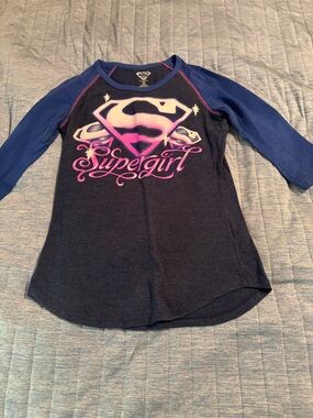 DC Comics Supergirl Raglan Long Sleeve Top - Navy, Blue & Pink Graphic